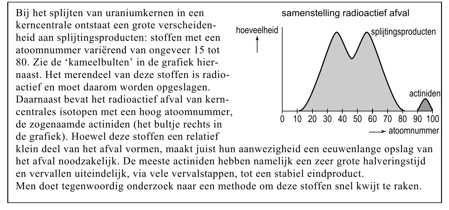 Bij het splijten van uraniumkernen in een samenstelling radioactief afval kerncentrale ontstaat een grote verscheiden- hoeveelheid splijtingsproducten heid aan splijtingsproducten: stoffen met een atoomnummer…
