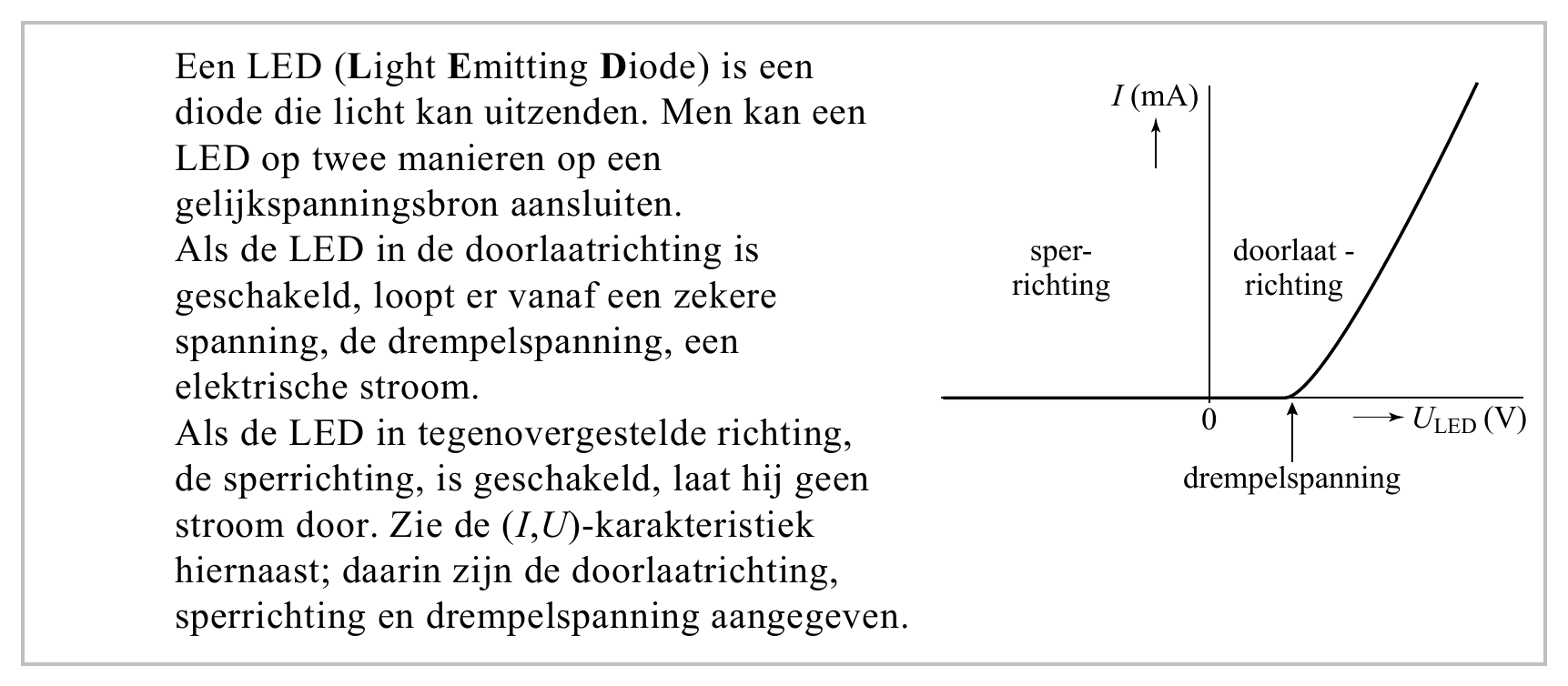 Een LED (Light Emitting Diode) is een diode die licht kan uitzenden. Men kan een LED op twee manieren op een gelijkspanningsbron aansluiten. Als de LED in de doorlaatrichting is geschakeld, loopt er vanaf een zekere…