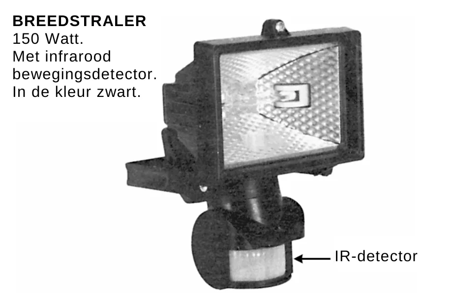 BREEDSTRALER 150 Watt. Met infrarood bewegingsdetector. In de kleur zwart. IR-detector