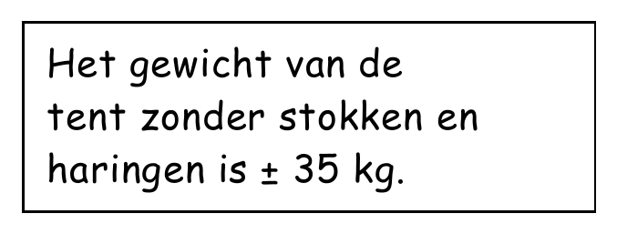 Het gewicht van de tent zonder stokken en haringen is ± 35 kg.