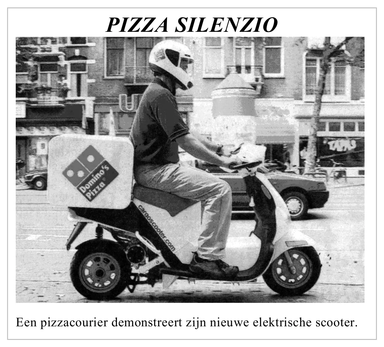 PIZZA SILENZIO Een pizzacourier demonstreert zijn nieuwe elektrische scooter.