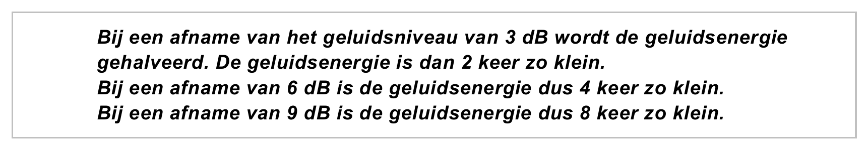 Bij een afname van het geluidsniveau van 3 dB wordt de geluidsenergie gehalveerd. De geluidsenergie is dan 2 keer zo klein. Bij een afname van 6 dB is de geluidsenergie dus 4 keer zo klein. Bij een afname van 9 dB is…
