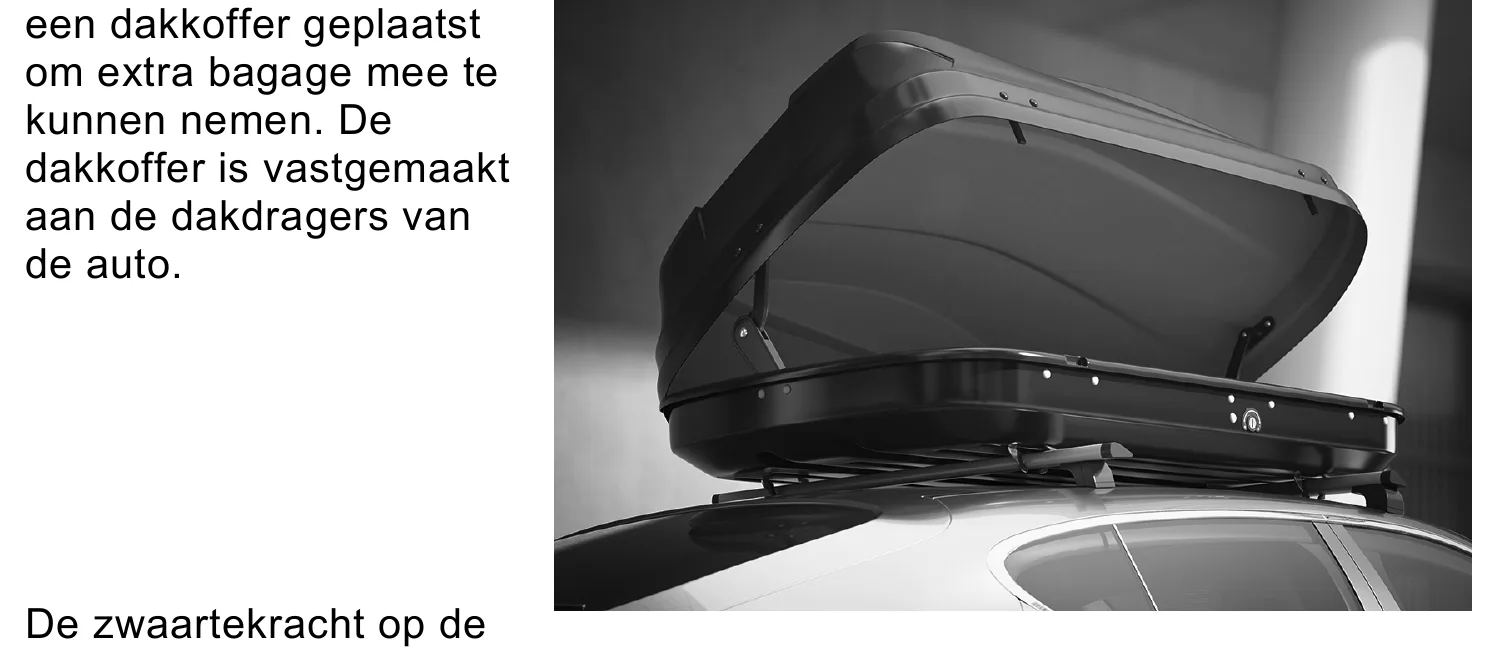 een dakkoffer geplaatst om extra bagage mee te kunnen nemen. De dakkoffer is vastgemaakt aan de dakdragers van de auto. De zwaartekracht op de