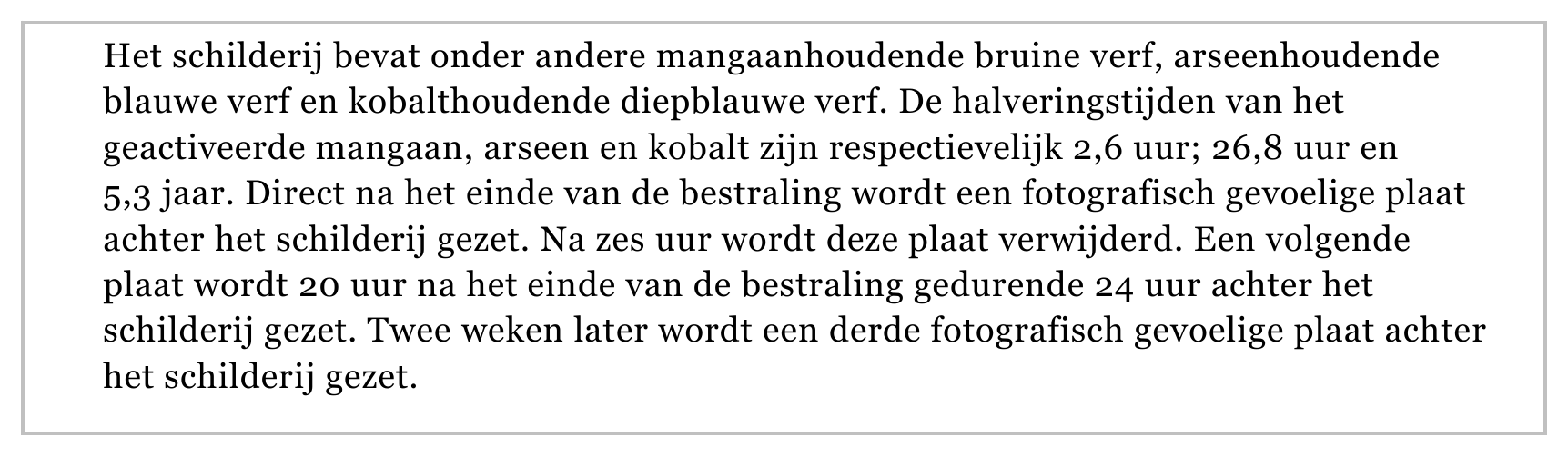 Het schilderij bevat onder andere mangaanhoudende bruine verf, arseenhoudende blauwe verf en kobalthoudende diepblauwe verf. De halveringstijden van het geactiveerde mangaan, arseen en kobalt zijn respectievelijk 2,6…
