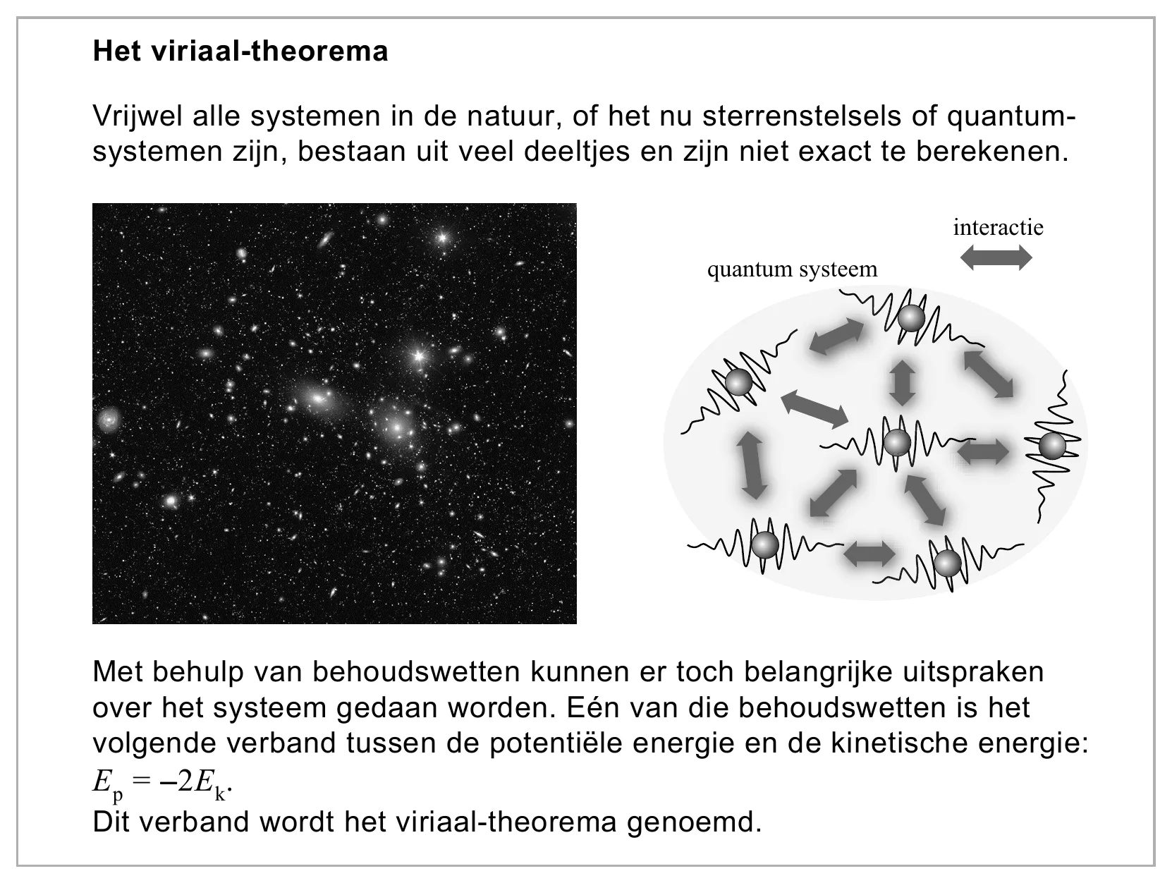 Het viriaal-theorema Vrijwel alle systemen in de natuur, of het nu sterrenstelsels of quantum- systemen zijn, bestaan uit veel deeltjes en zijn niet exact te berekenen. interactie quantum systeem Met behulp van…