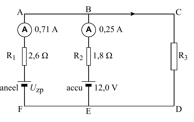 B A C A 0,71 A A 0,25 A R 2,6 Ω R 1,8 Ω R 1 2 3 U zp accu 12,0 V F E D